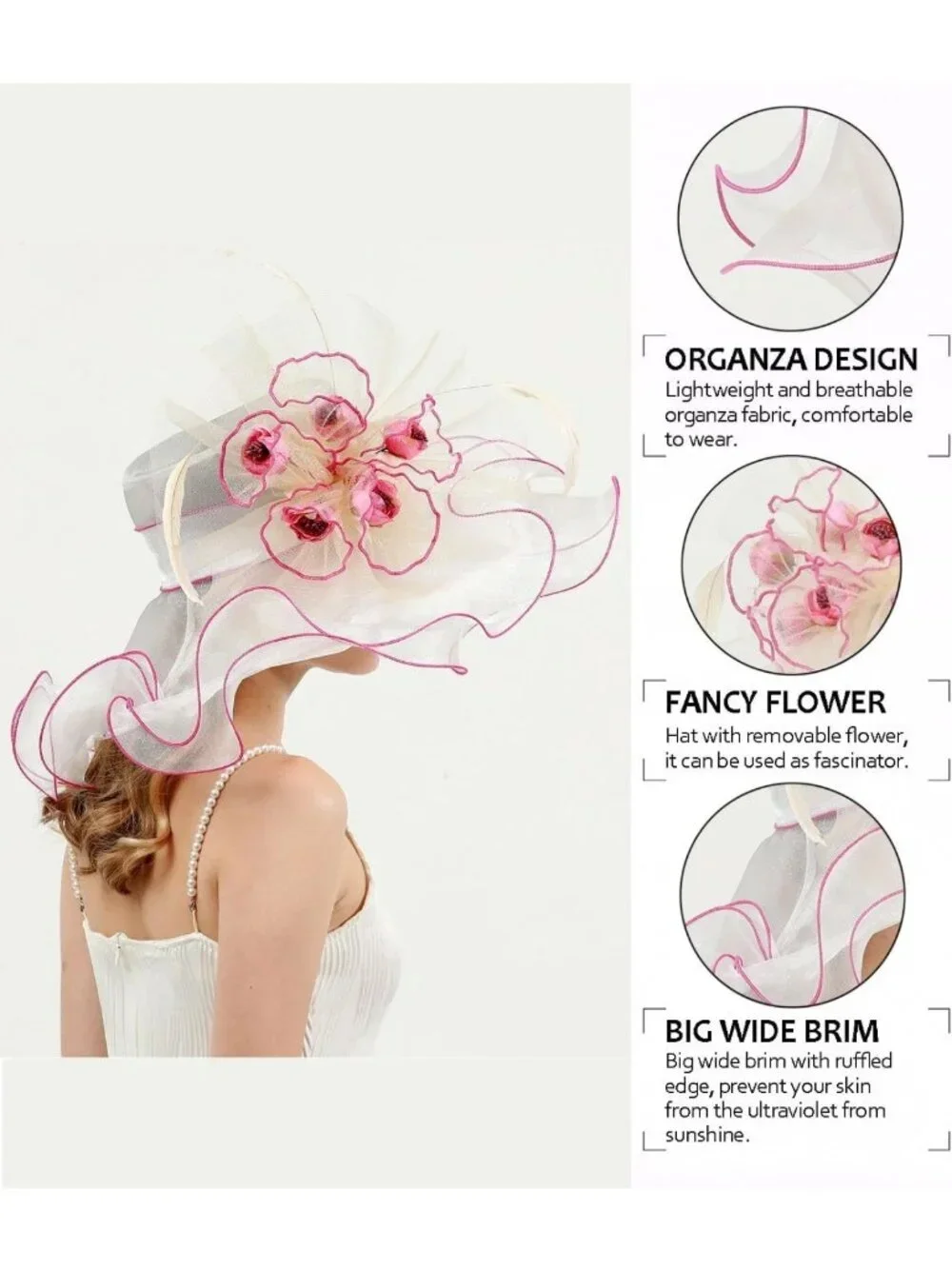 Elegant Wide Brim Women's Church Hat with Leaf & Flower for Derby & Bridal